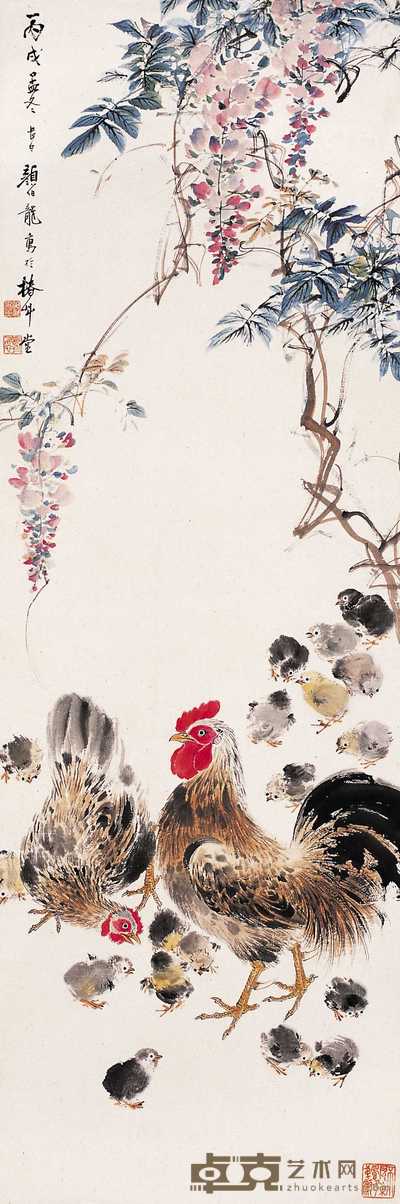 颜伯龙 1946年作 群鸡图 立轴 99.5×33cm